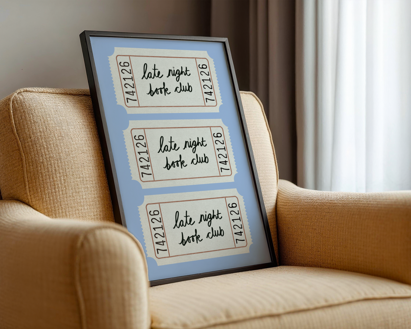 'Late Night Book Club' Ticket Print: Retro Blue Literary Wall Art