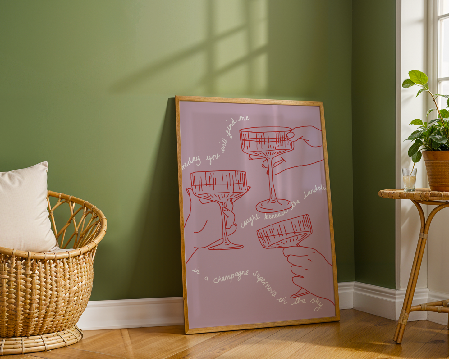 'Champagne Supernova' Art Print – Oasis Inspired Line Art Wall Decor in Pink & Red
