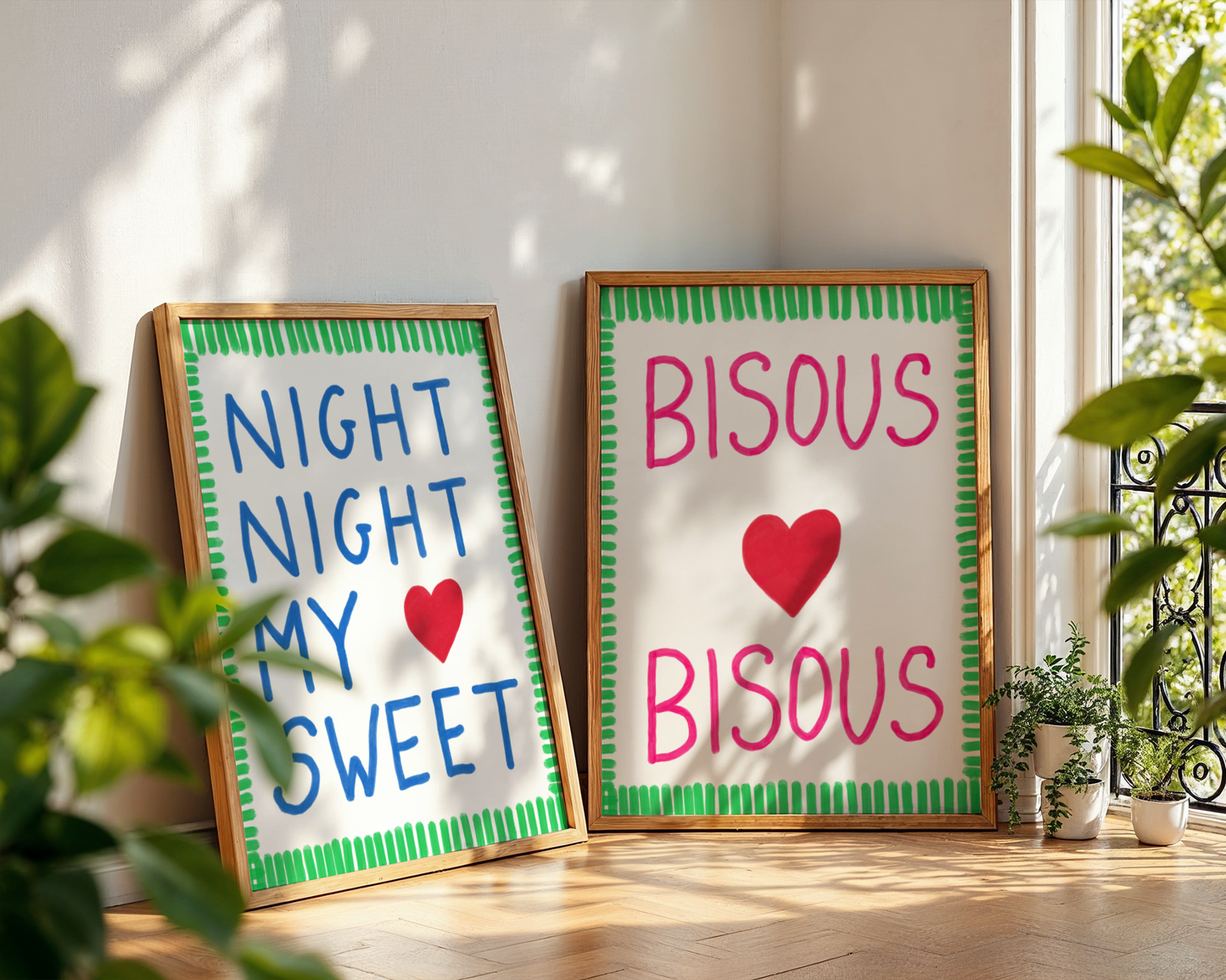 'Bisous Bisous' Typography Art Print – Bold French Kiss Wall Decor in Hot Pink & Grass Green