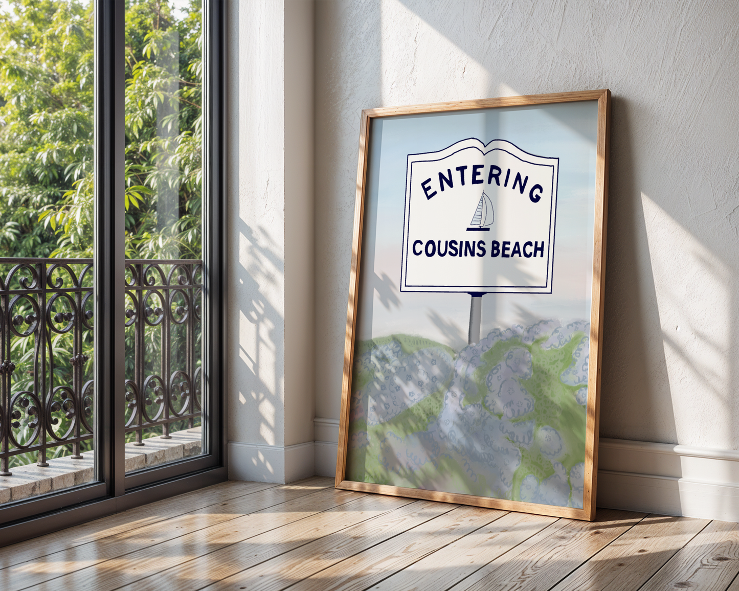 'Entering Cousins Beach' Art Print – Illustrated Coastal Wall Decor in Navy & Soft Watercolour