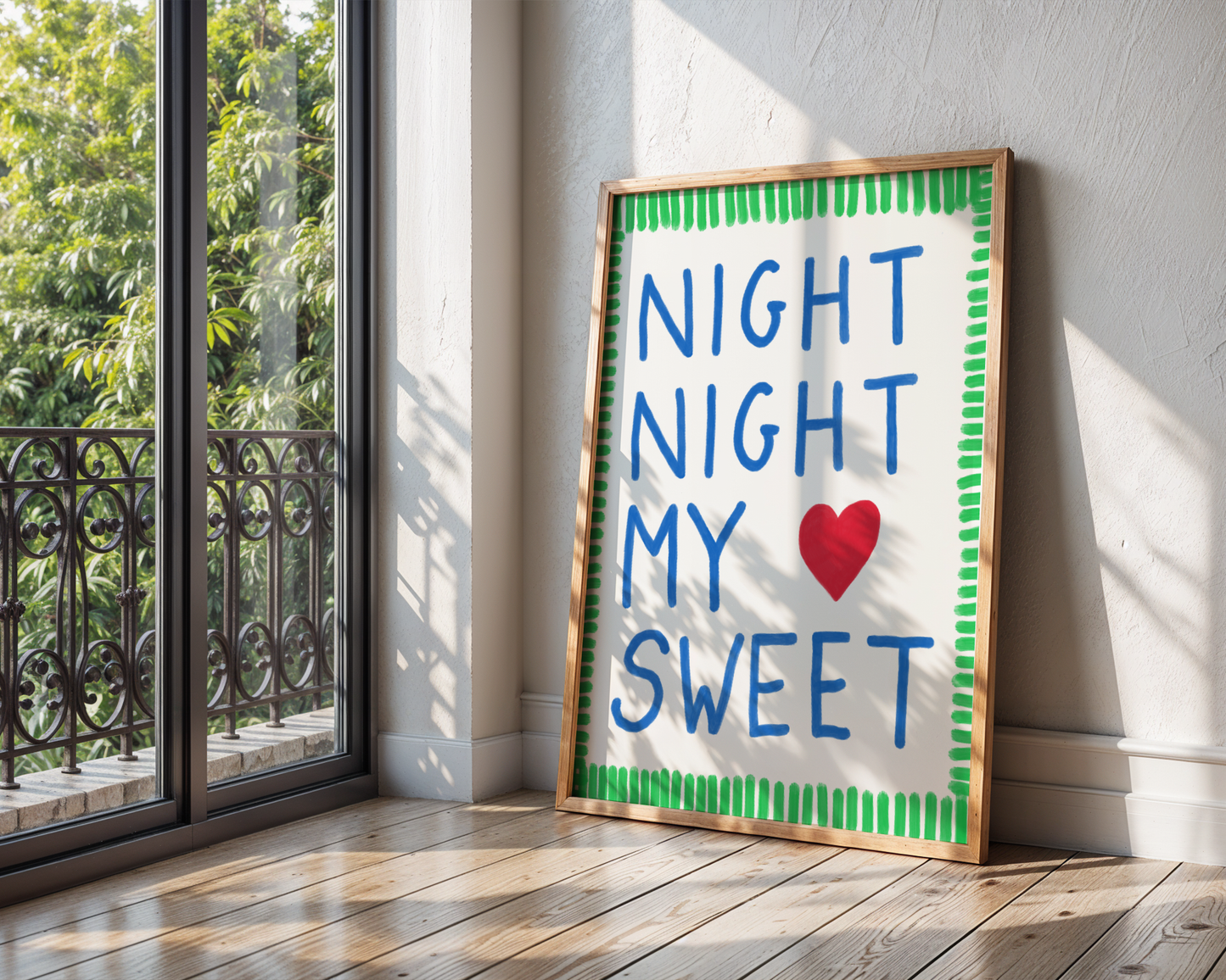 'Night Night My Sweet' Typography Art Print – Bold Nursery Wall Decor in Blue, Green & Red