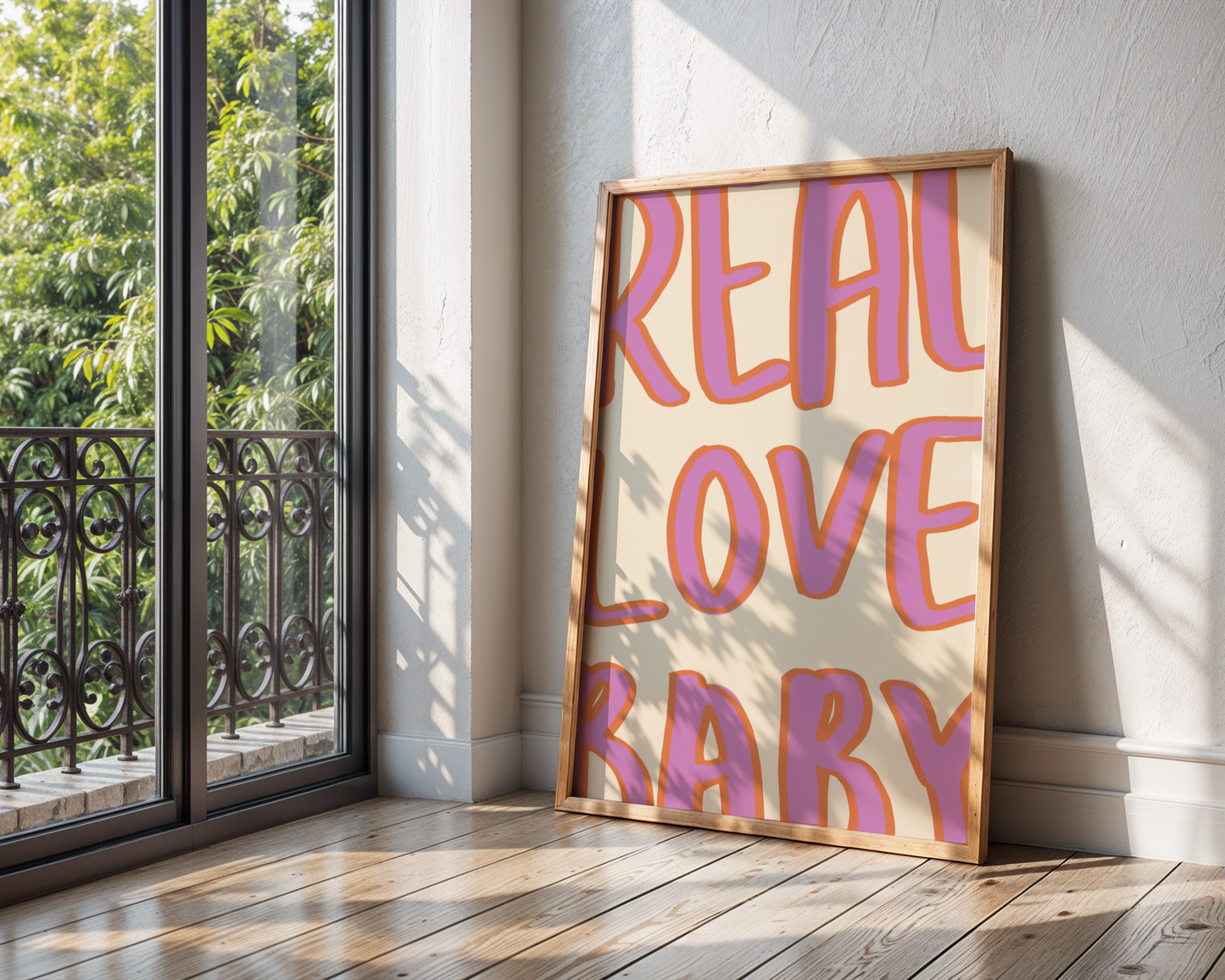 'Real Love Baby' Typography Art Print – Retro Bubble Letter Wall Decor in Lilac & Tangerine