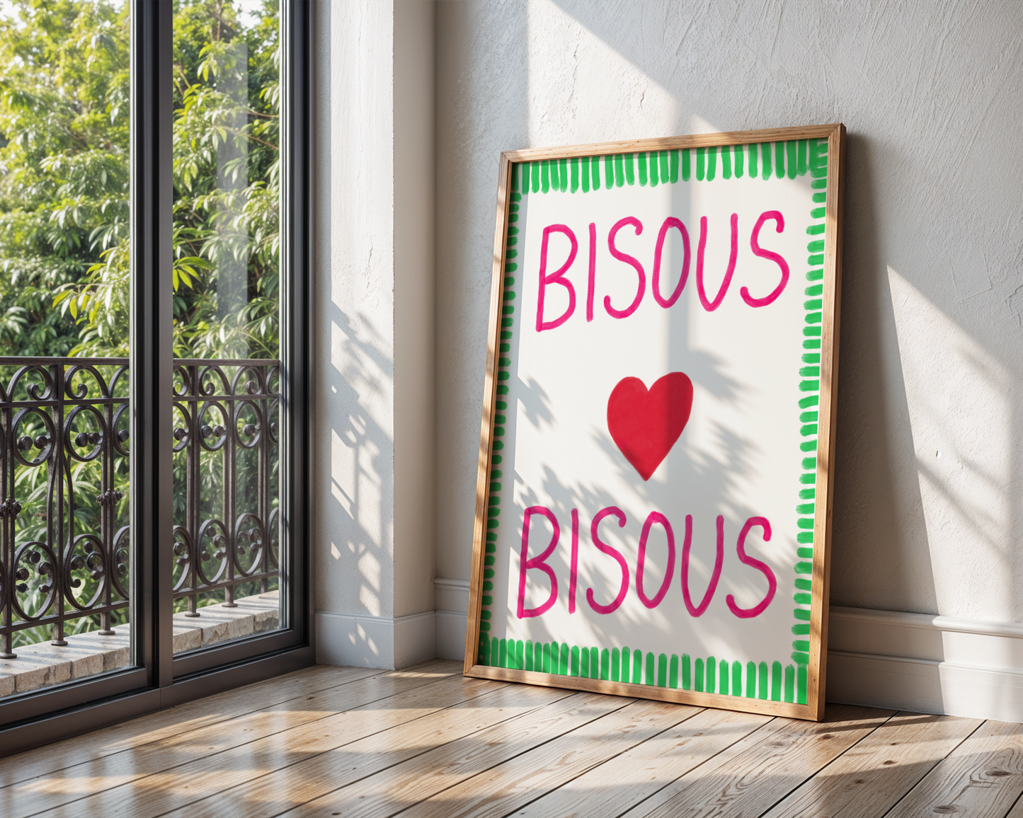'Bisous Bisous' Typography Art Print – Bold French Kiss Wall Decor in Hot Pink & Grass Green
