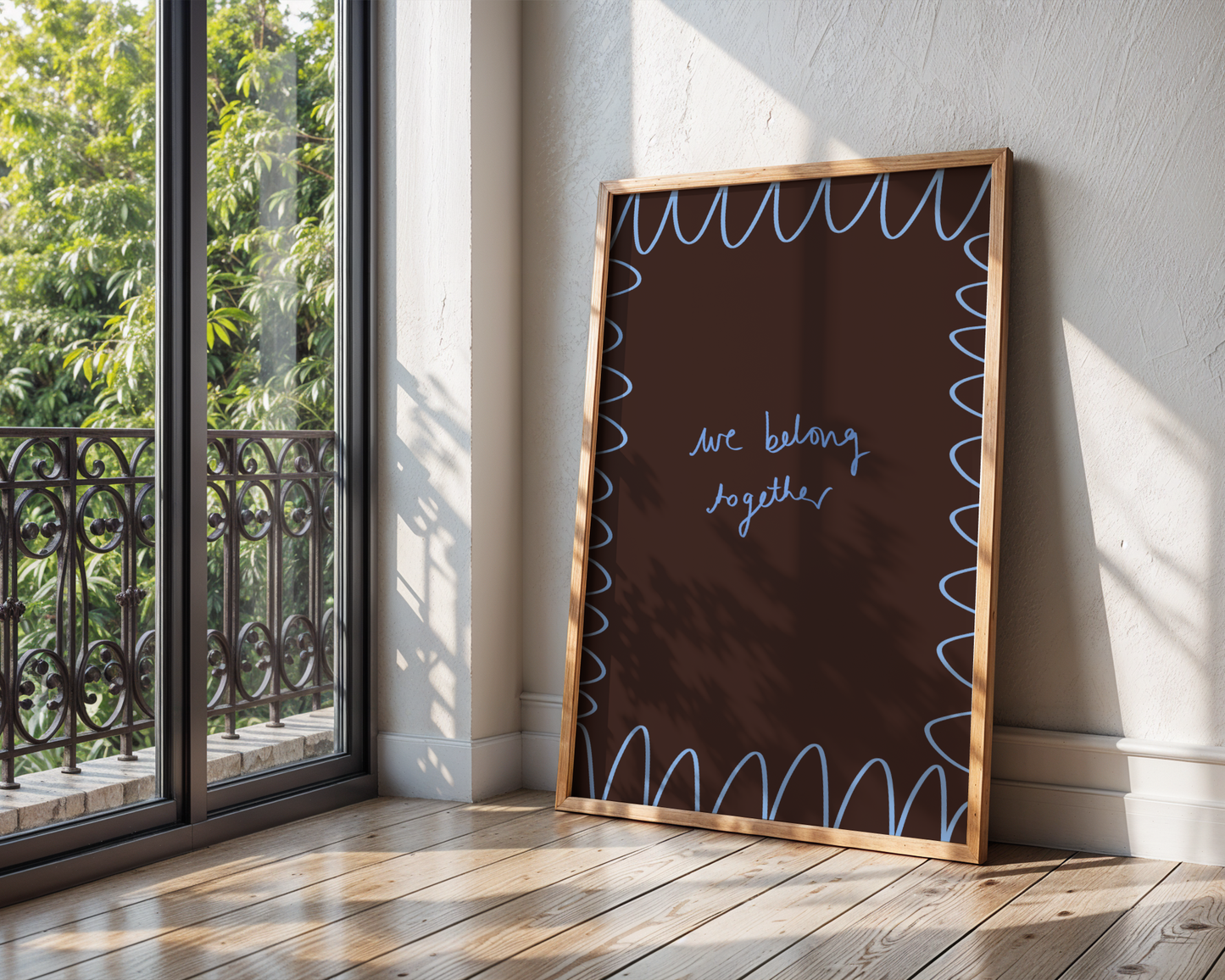 'We Belong Together' Typography Art Print – Romantic Dark Bedroom Wall Decor in Mocha & Blue