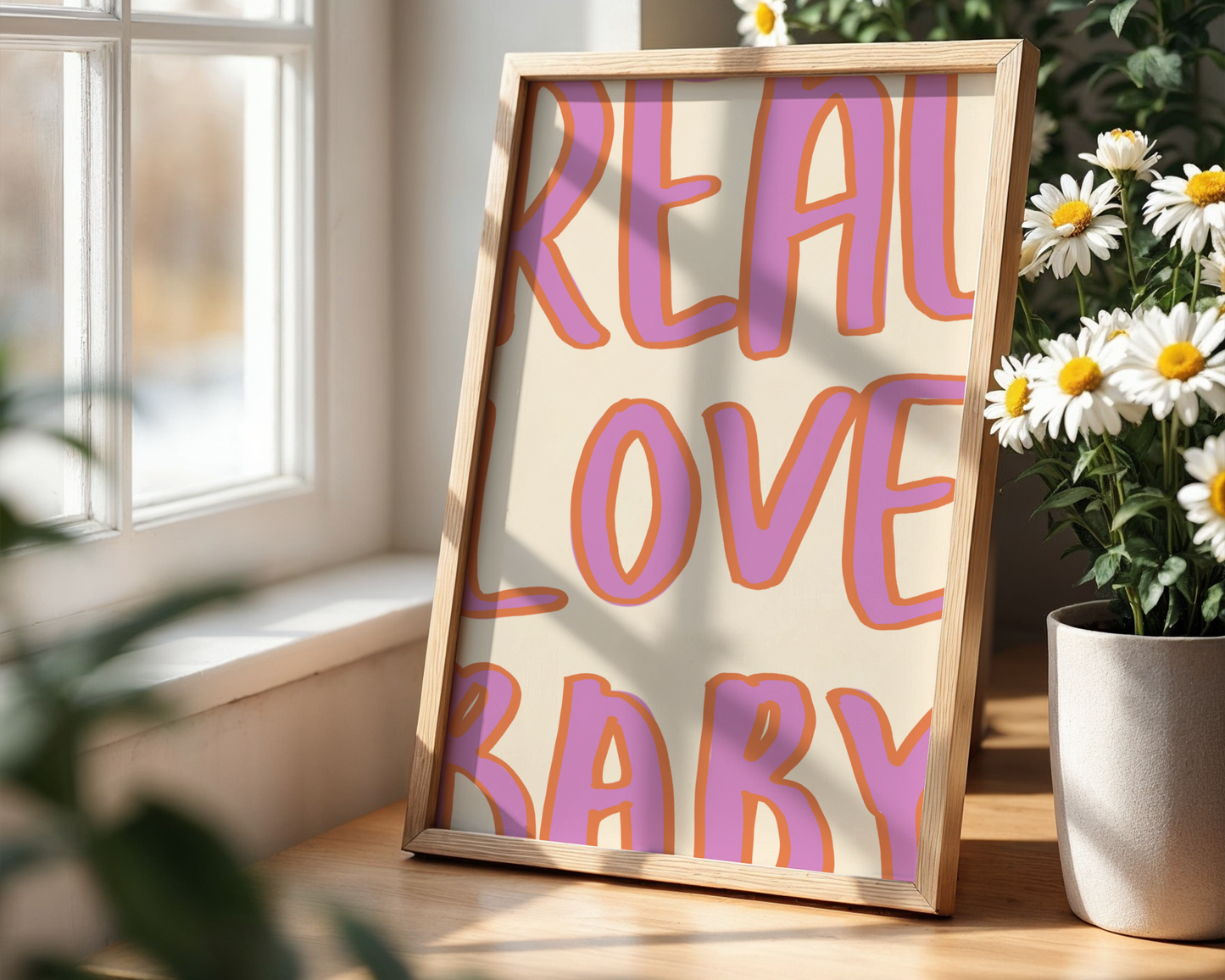'Real Love Baby' Typography Art Print – Retro Bubble Letter Wall Decor in Lilac & Tangerine