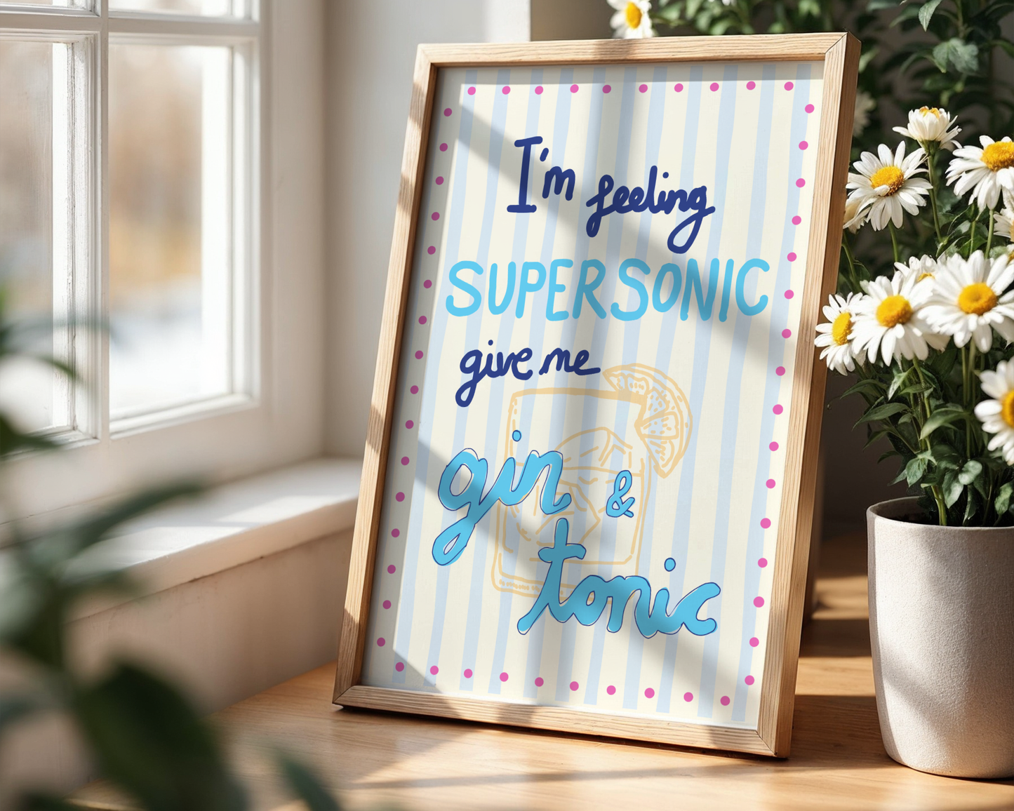 'I'm Feeling Supersonic' Typography Art Print – Oasis Inspired Kitchen & Bar Wall Decor in Blue & Cream
