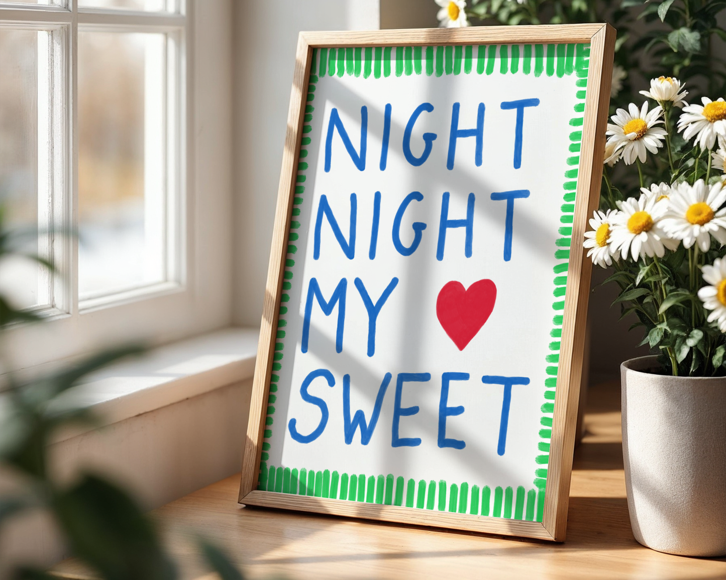 'Night Night My Sweet' Typography Art Print – Bold Nursery Wall Decor in Blue, Green & Red
