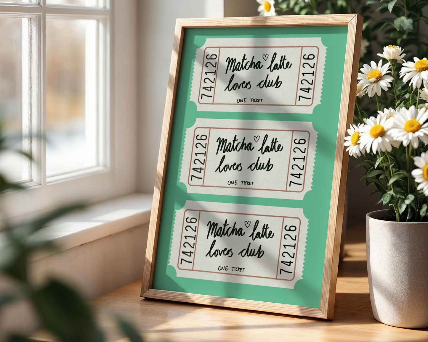 'Matcha Latte Lovers Club' Ticket Art Print – Illustrated Kitchen Wall Decor in Jade Green & Cream
