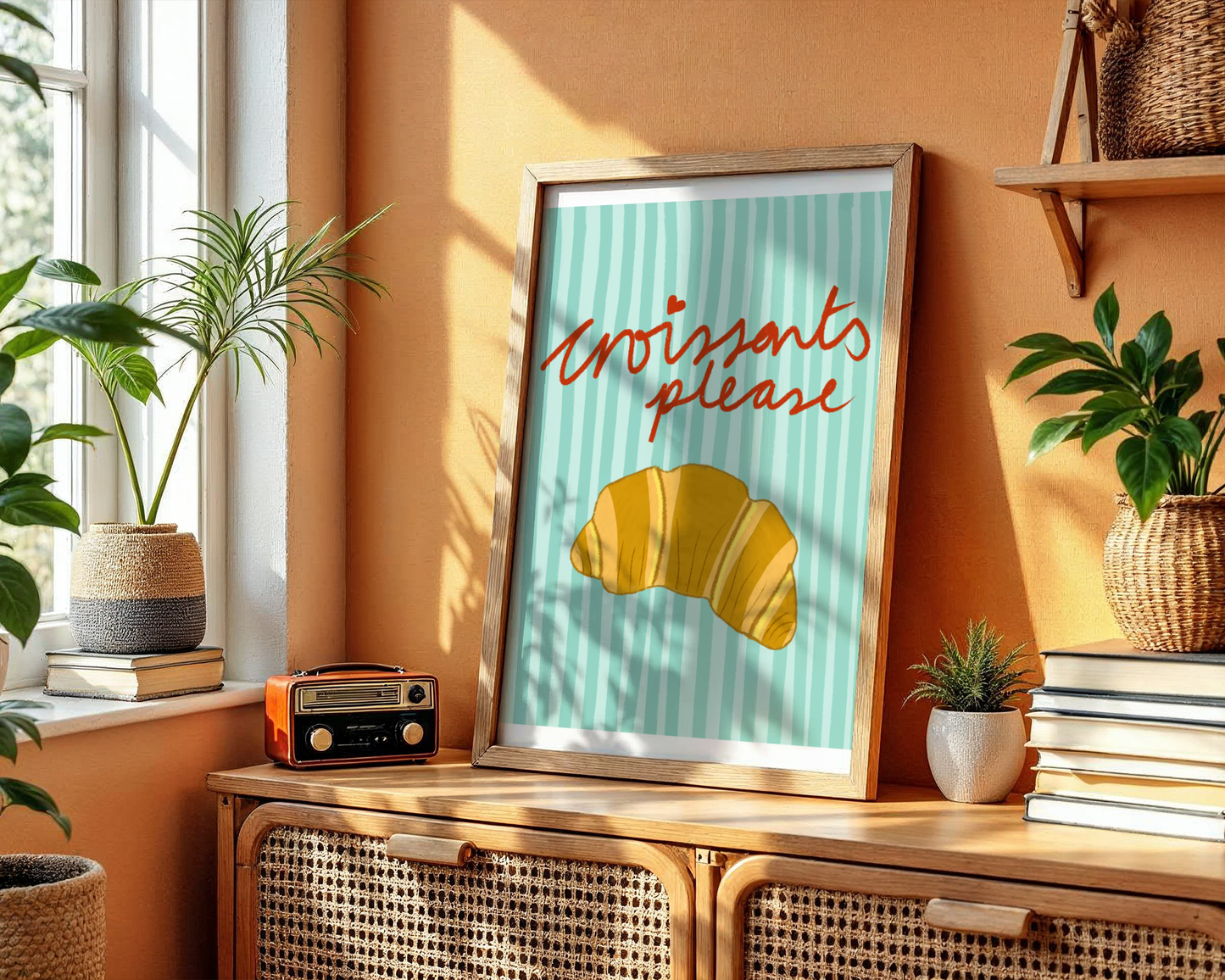 'Croissants Please' Art Print – Illustrated Kitchen Wall Decor in Mint Green & Golden Amber