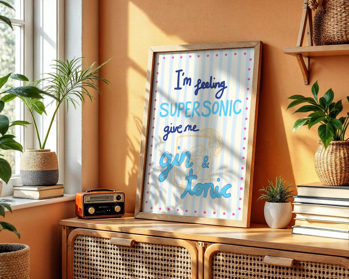 'I'm Feeling Supersonic' Typography Art Print – Oasis Inspired Kitchen & Bar Wall Decor in Blue & Cream