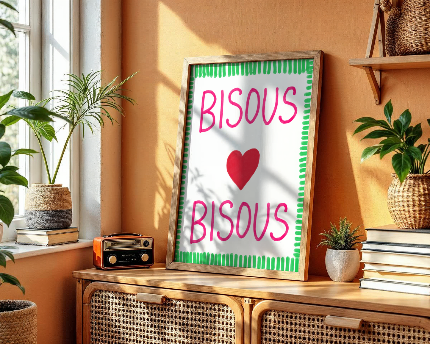 'Bisous Bisous' Typography Art Print – Bold French Kiss Wall Decor in Hot Pink & Grass Green