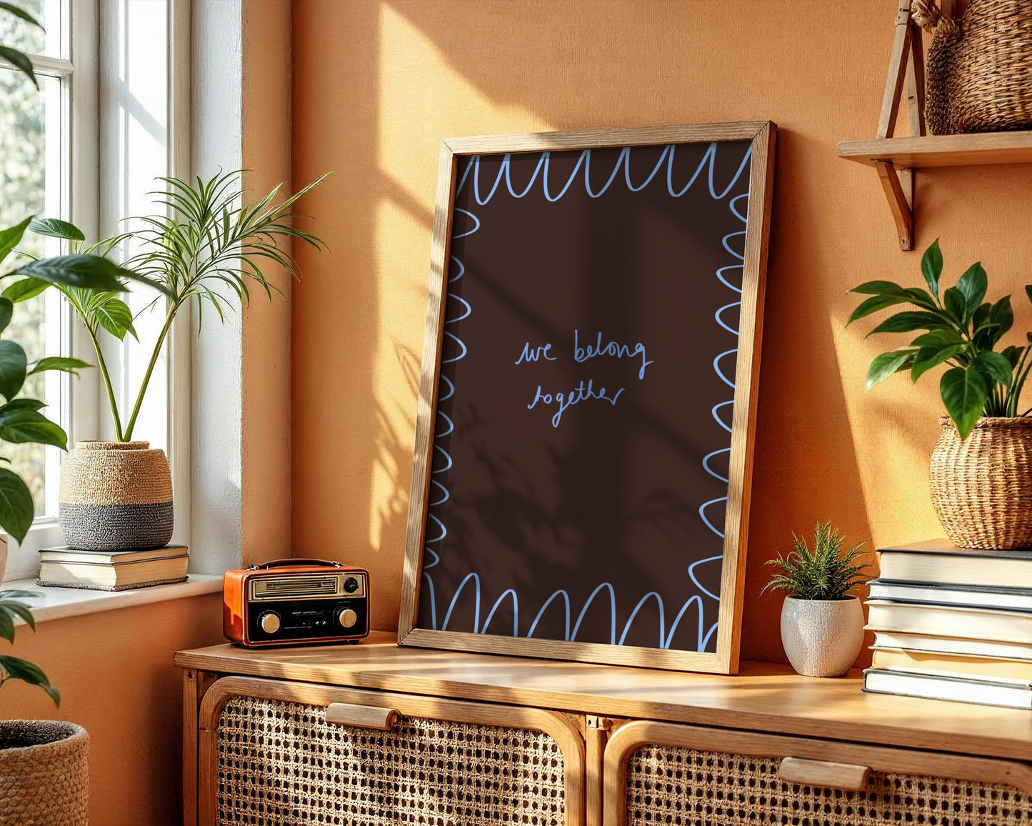 'We Belong Together' Typography Art Print – Romantic Dark Bedroom Wall Decor in Mocha & Blue