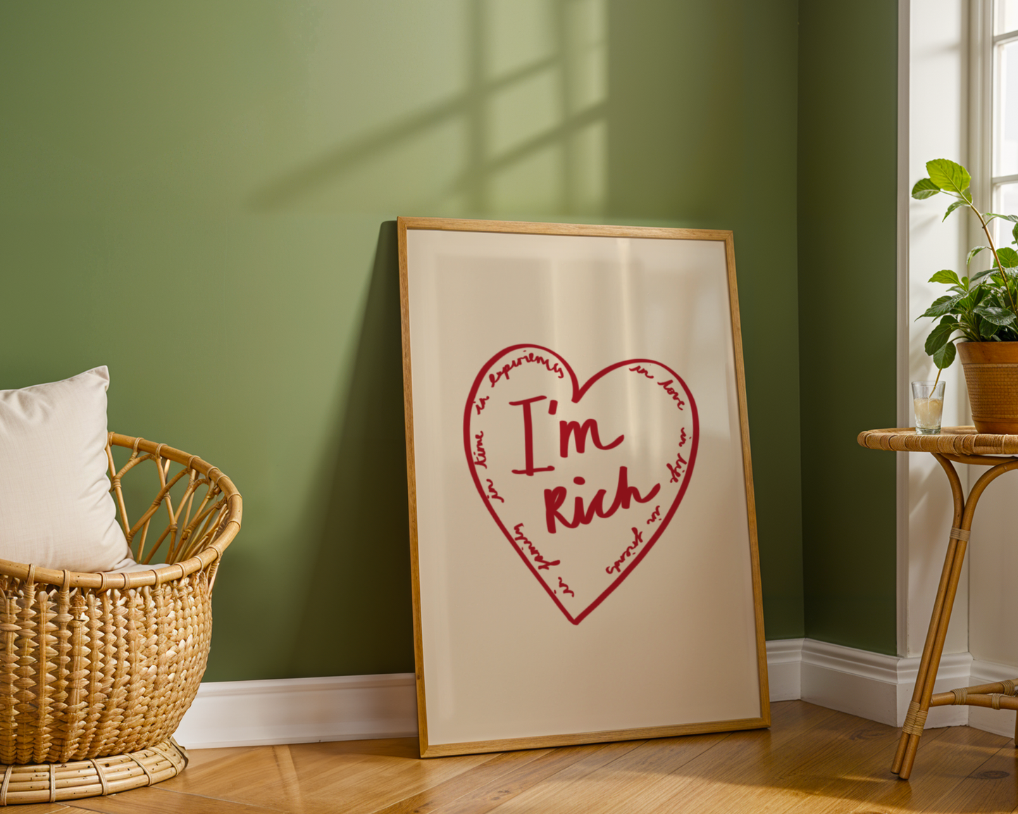 'I'm Rich' Heart Typography Art Print – Meaningful Minimalist Wall Decor in Red & Cream