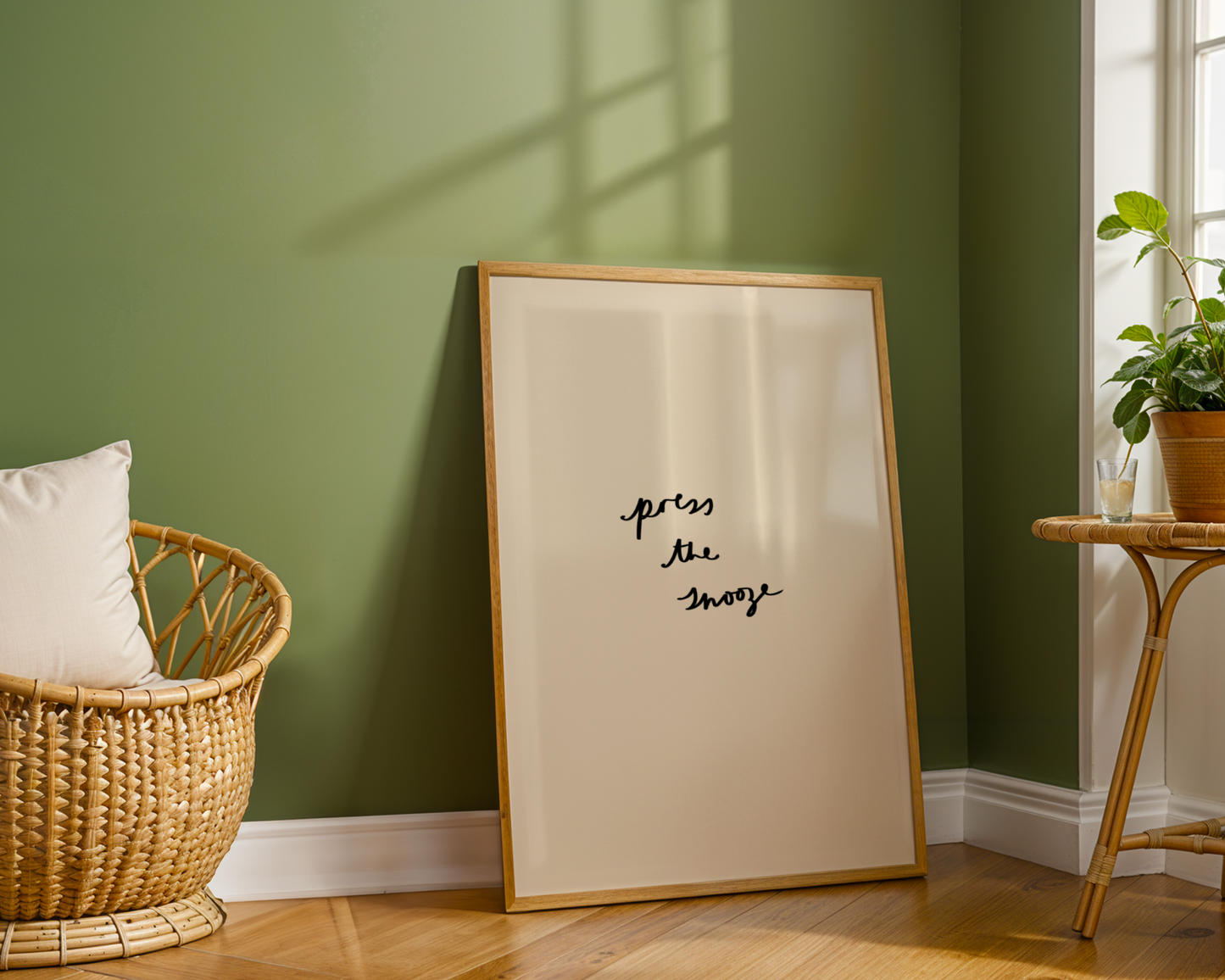 'Press the Snooze' Typography Art Print – Minimalist Bedroom Wall Decor in Cream & Black
