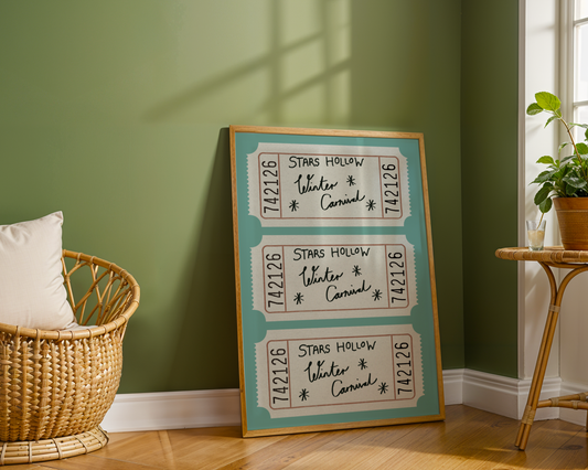 'Stars Hollow Winter Carnival' Ticket Art Print – Vintage Ticket Wall Decor in Teal & Cream