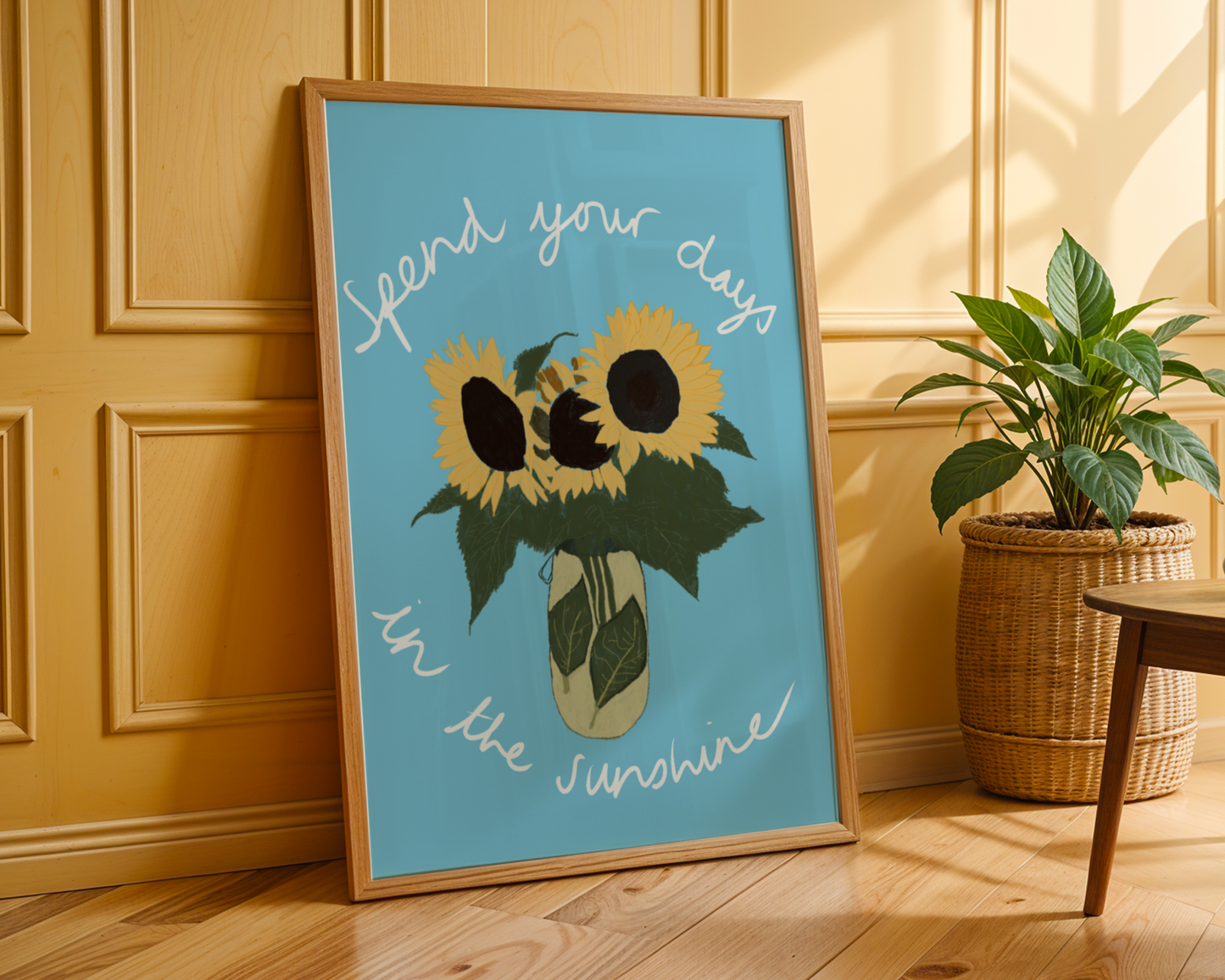 'Spend Your Days In The Sunshine' Art Print – Oasis Inspired Sunflower Wall Decor in Sky Blue & Yellow