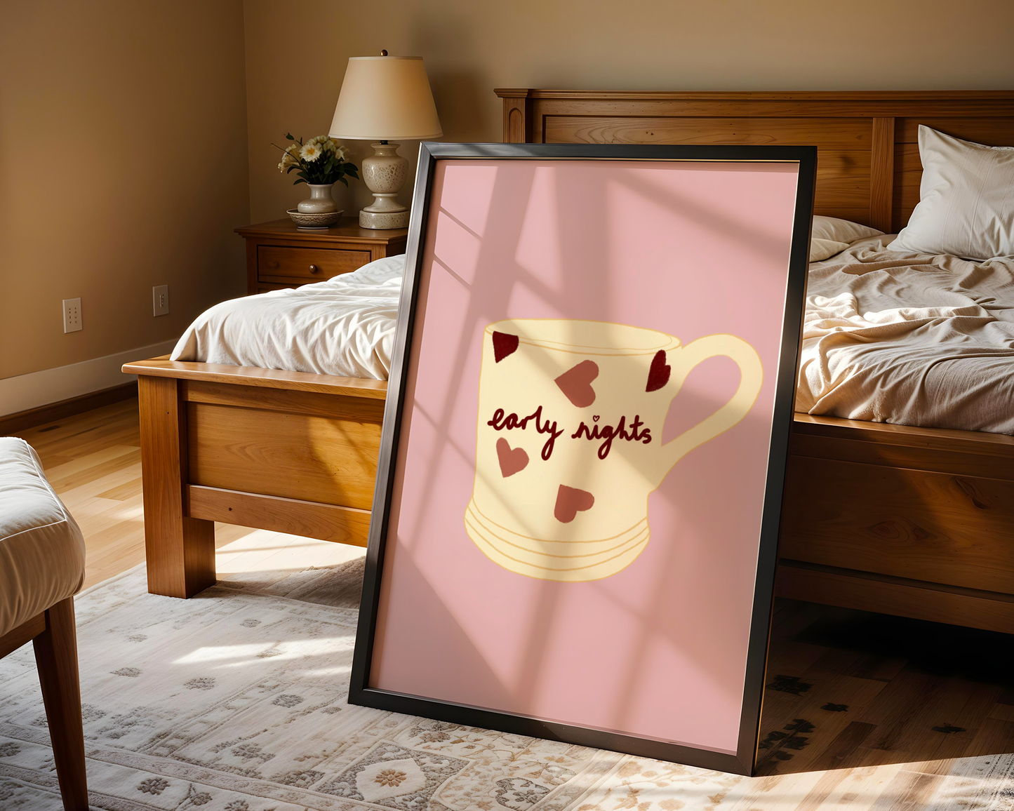'Early Nights' Art Print Cosy Mug Wall Art | Blush Pink Heart Print | Cute Bedroom Decor | Whimsical Illustration Poster