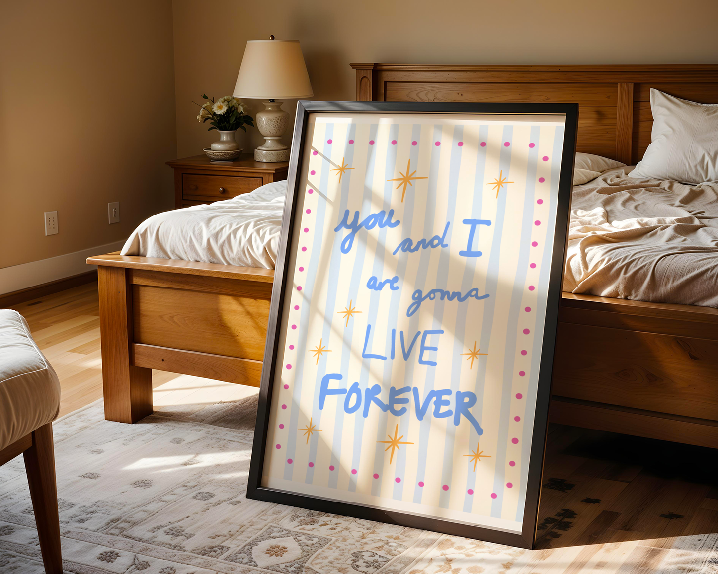 'You and I Are Gonna Live Forever' Typography Art Print – Oasis Inspired Retro Wall Decor in Blue & Cream