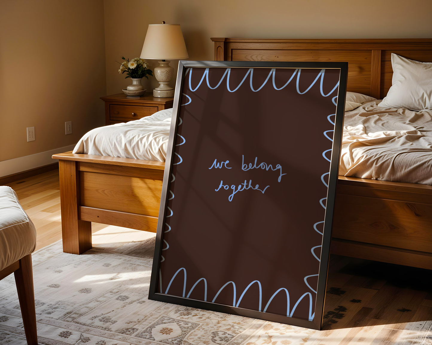 'We Belong Together' Typography Art Print – Romantic Dark Bedroom Wall Decor in Mocha & Blue