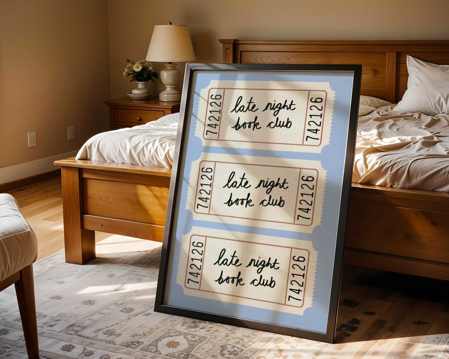 'Late Night Book Club' Ticket Print: Retro Blue Literary Wall Art