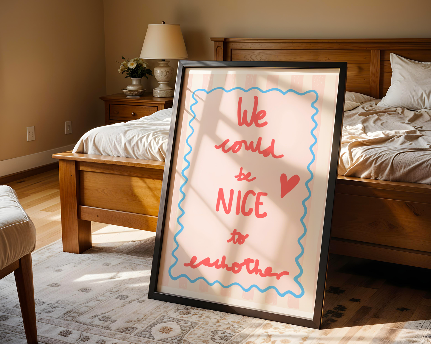 'We Could Be Nice To Each Other' Typography Art Print – Uplifting Pastel Wall Decor in Pink, Coral & Blue