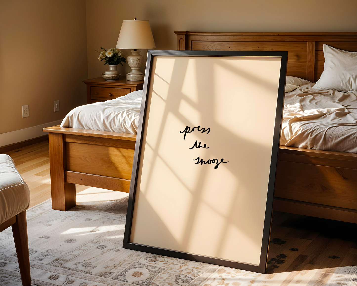 'Press the Snooze' Typography Art Print – Minimalist Bedroom Wall Decor in Cream & Black
