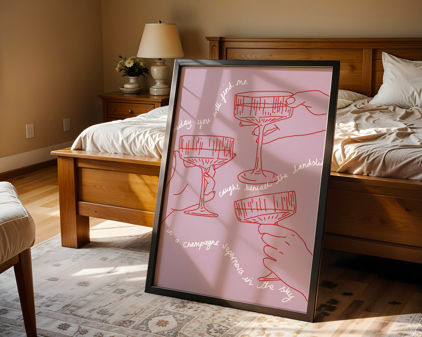 'Champagne Supernova' Art Print – Oasis Inspired Line Art Wall Decor in Pink & Red