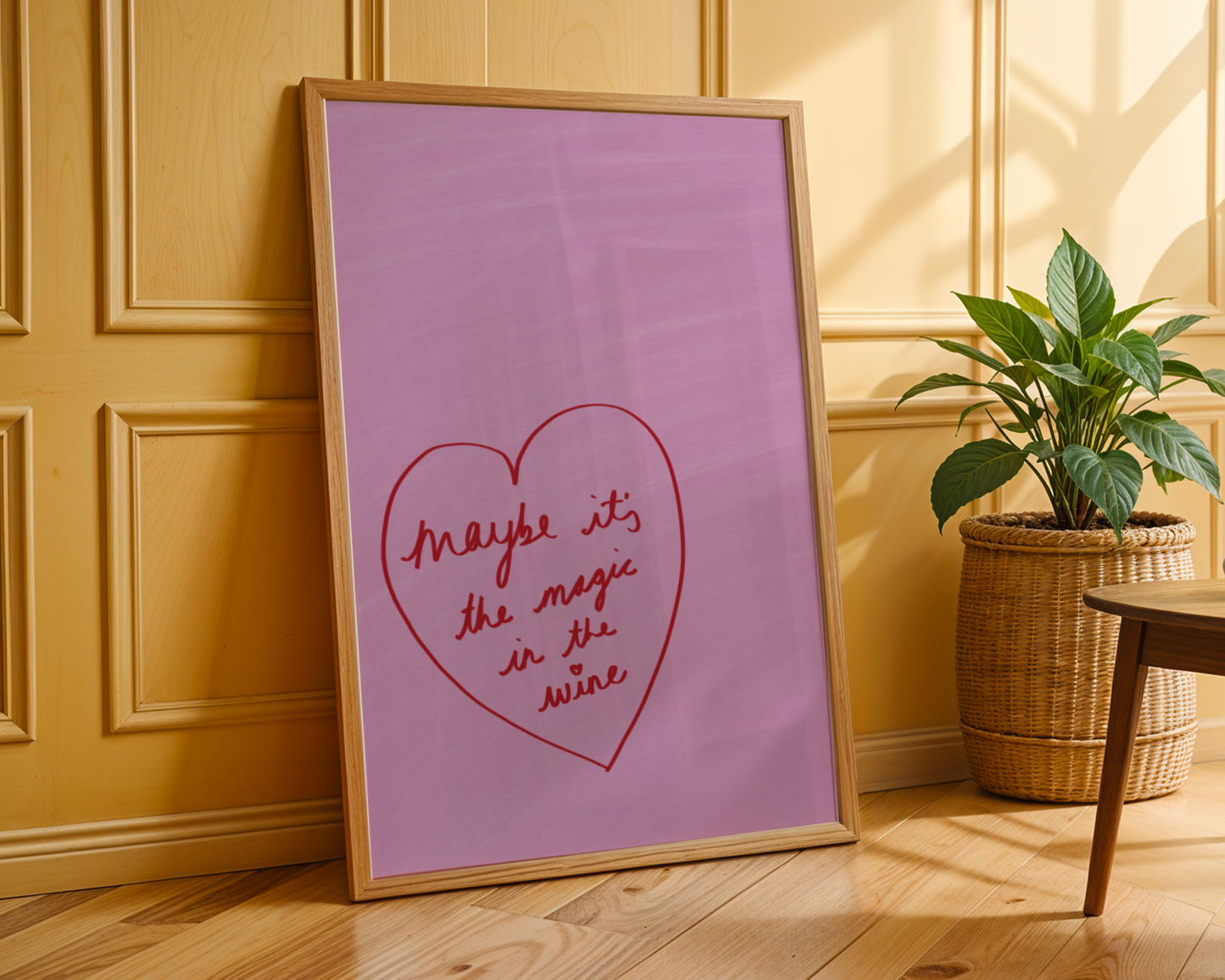 'Magic in the Wine' Heart Art Print – Playful Pink & Red Typography Poster for Kitchen or Dining
