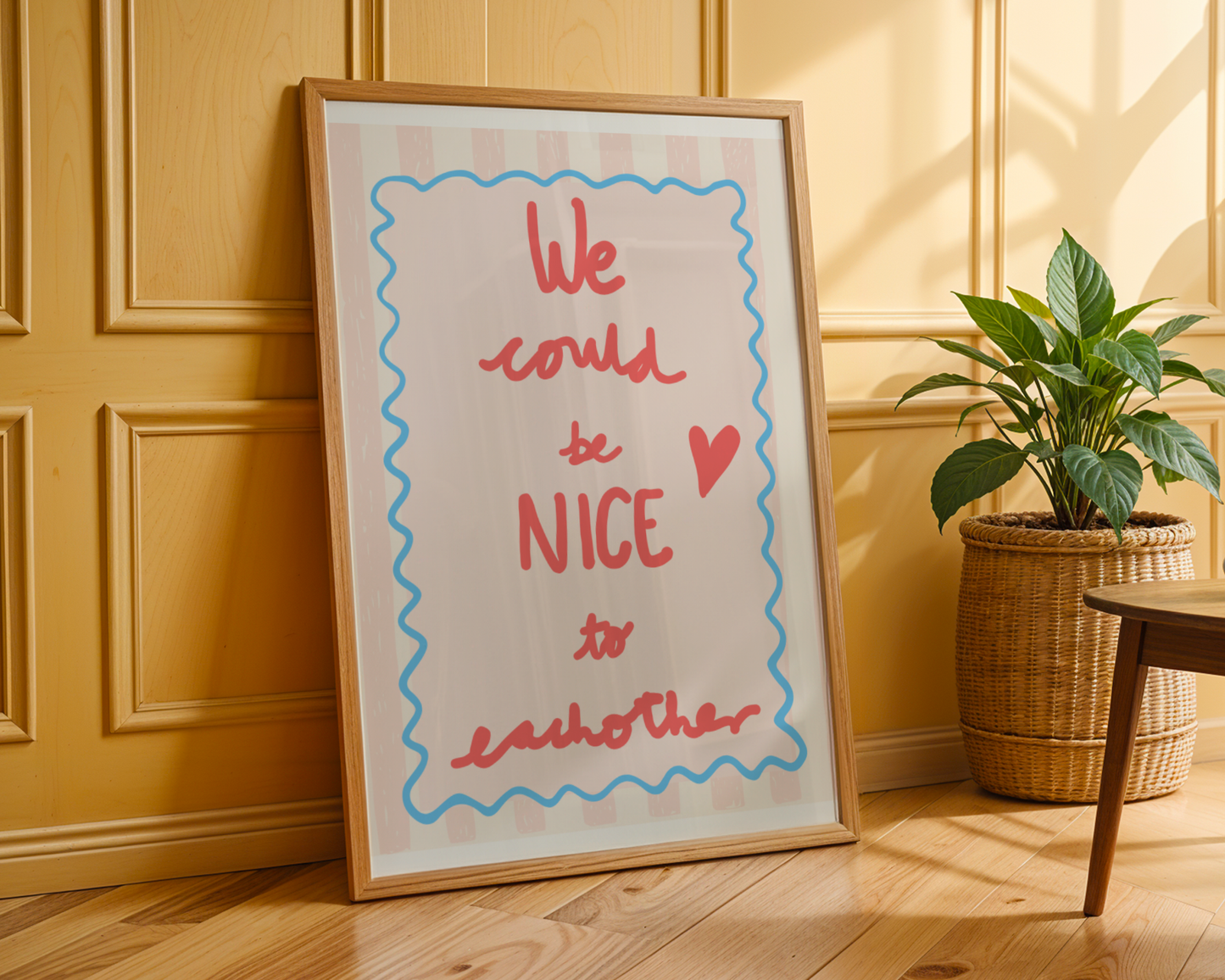 'We Could Be Nice To Each Other' Typography Art Print – Uplifting Pastel Wall Decor in Pink, Coral & Blue