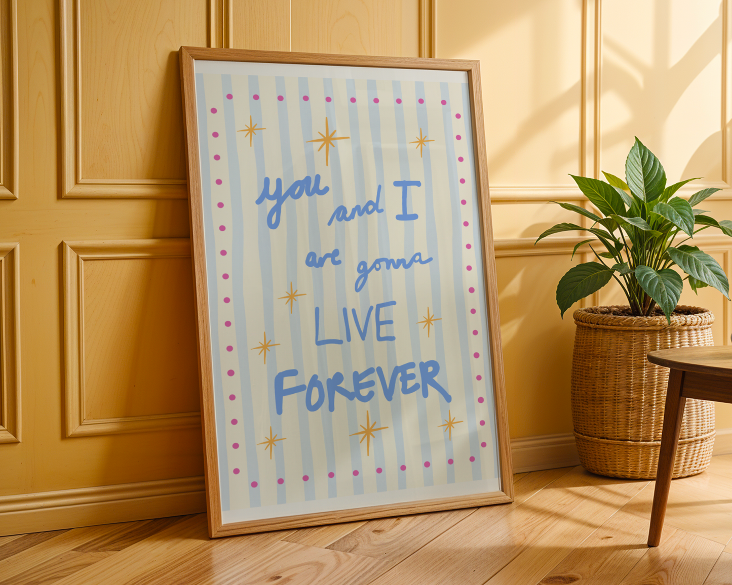 'You and I Are Gonna Live Forever' Typography Art Print – Oasis Inspired Retro Wall Decor in Blue & Cream