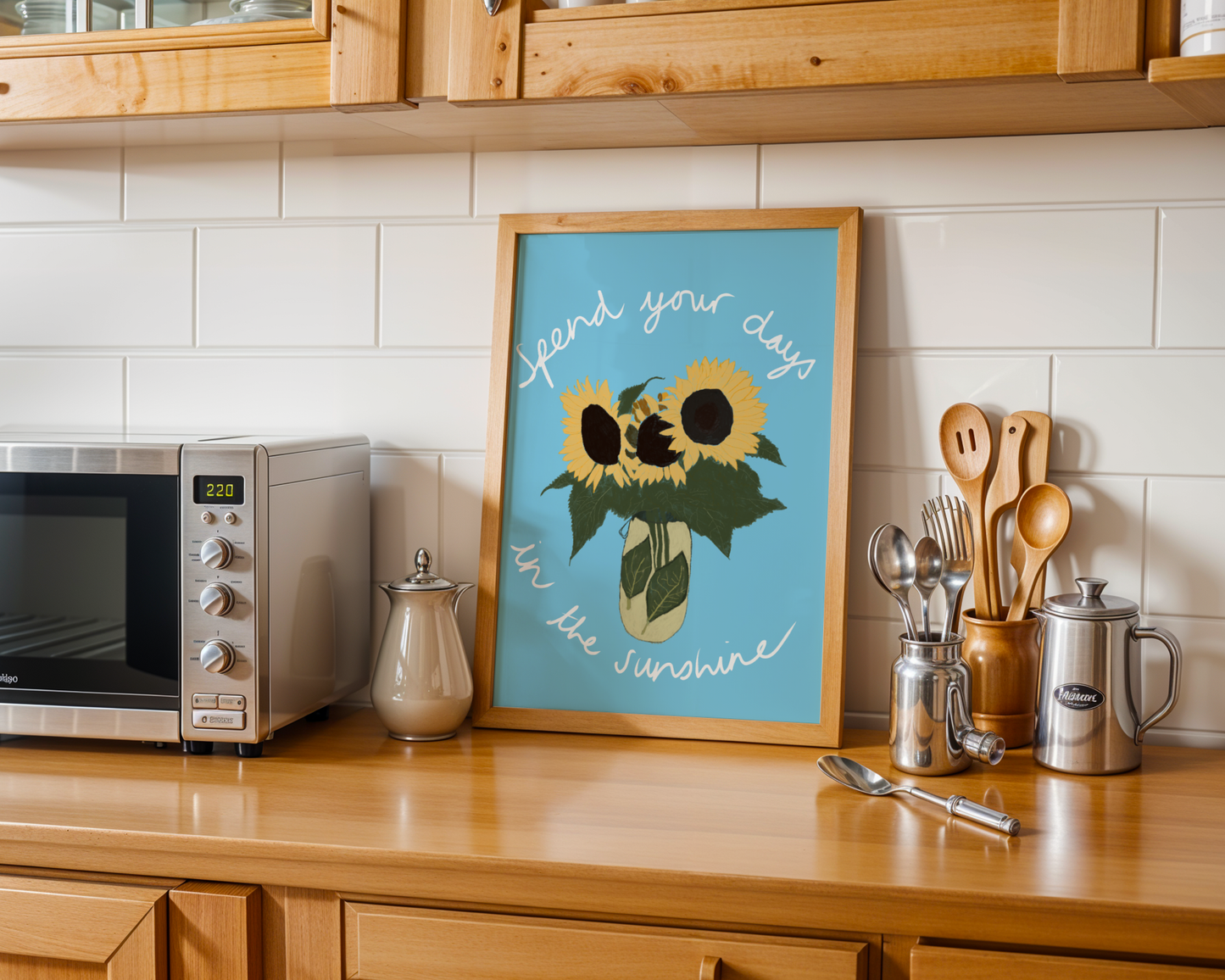 'Spend Your Days In The Sunshine' Art Print – Oasis Inspired Sunflower Wall Decor in Sky Blue & Yellow