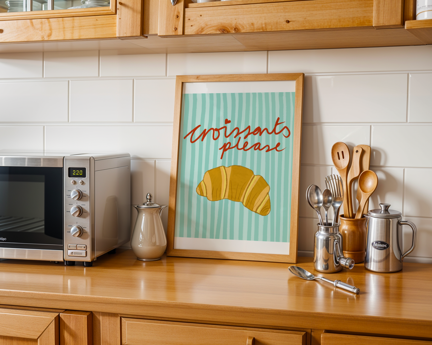 'Croissants Please' Art Print – Illustrated Kitchen Wall Decor in Mint Green & Golden Amber