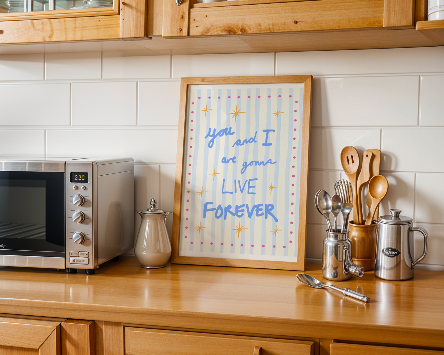 'You and I Are Gonna Live Forever' Typography Art Print – Oasis Inspired Retro Wall Decor in Blue & Cream