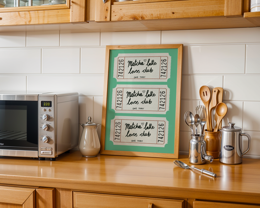 'Matcha Latte Lovers Club' Ticket Art Print – Illustrated Kitchen Wall Decor in Jade Green & Cream