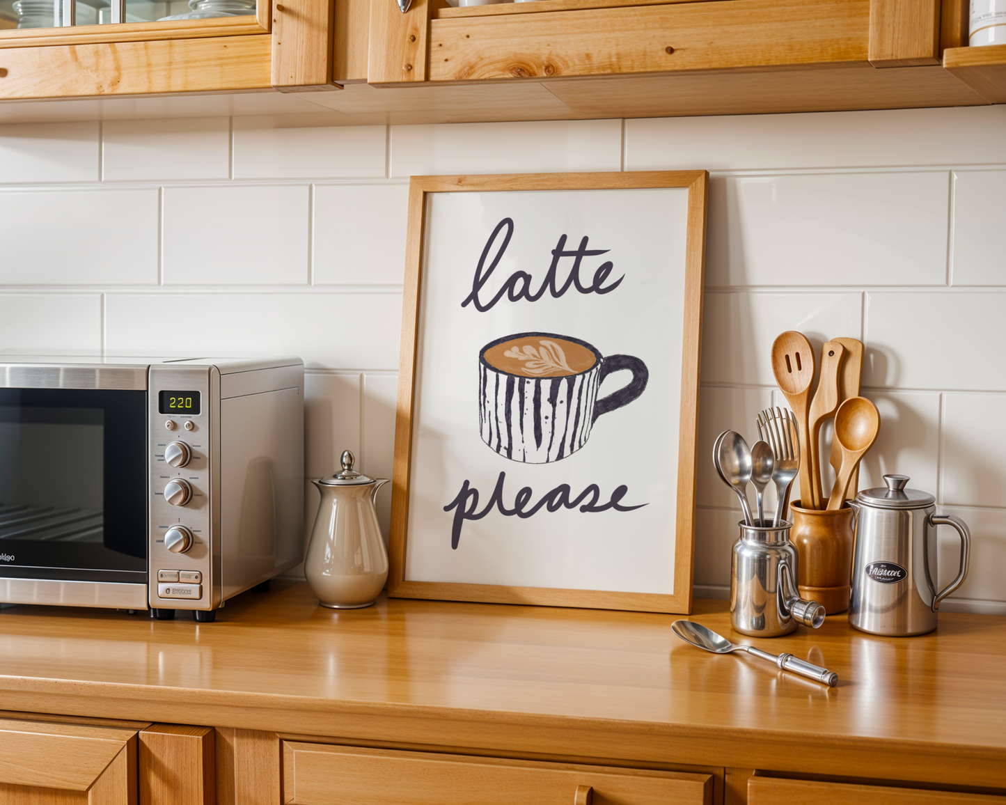 'Latte Please' Art Print – Illustrated Coffee Kitchen Wall Decor in Charcoal & Warm Cream