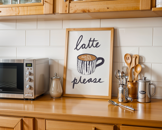 'Latte Please' Art Print – Illustrated Coffee Kitchen Wall Decor in Charcoal & Warm Cream