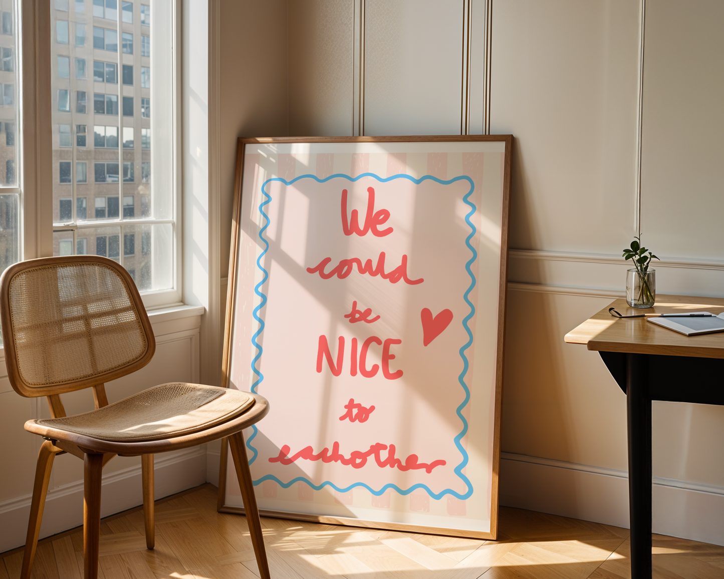 'We Could Be Nice To Each Other' Typography Art Print – Uplifting Pastel Wall Decor in Pink, Coral & Blue