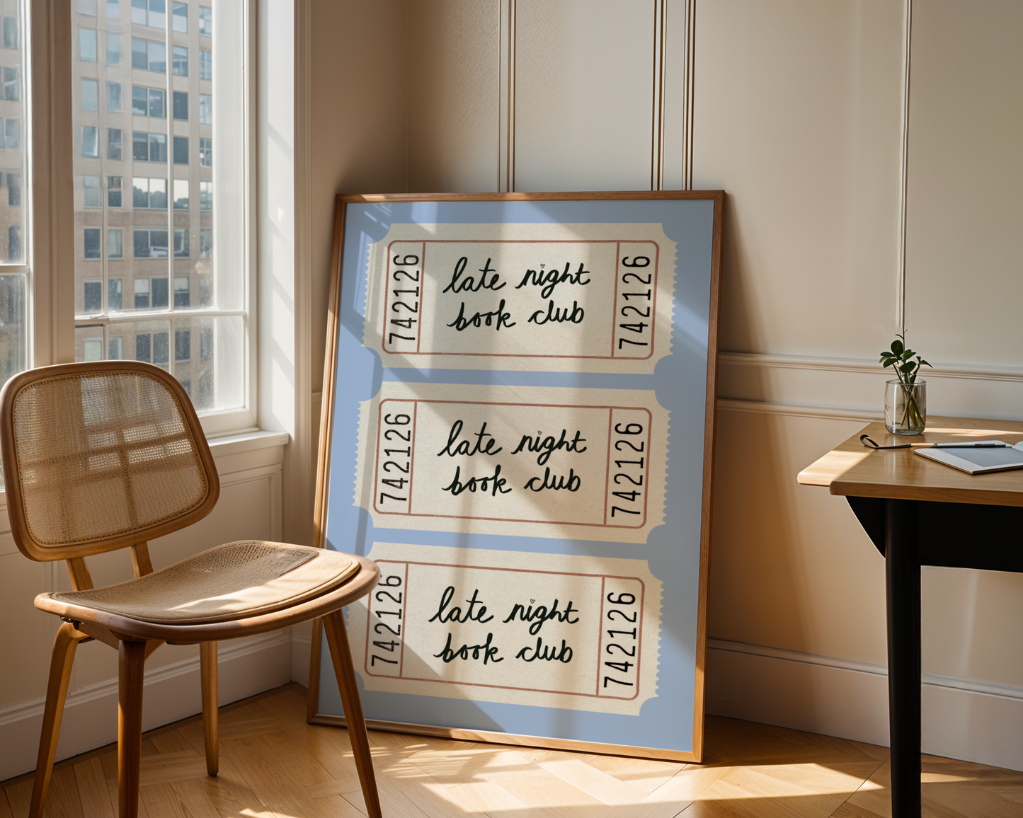 'Late Night Book Club' Ticket Print: Retro Blue Literary Wall Art