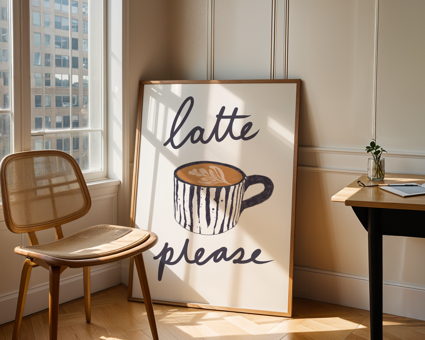 'Latte Please' Art Print – Illustrated Coffee Kitchen Wall Decor in Charcoal & Warm Cream
