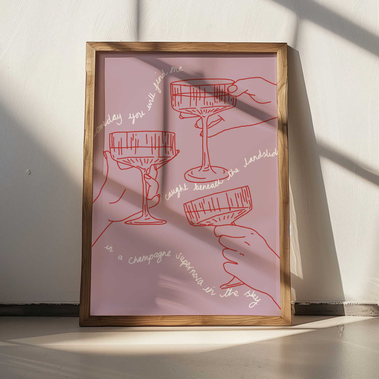 'Champagne Supernova' Art Print – Oasis Inspired Line Art Wall Decor in Pink & Red