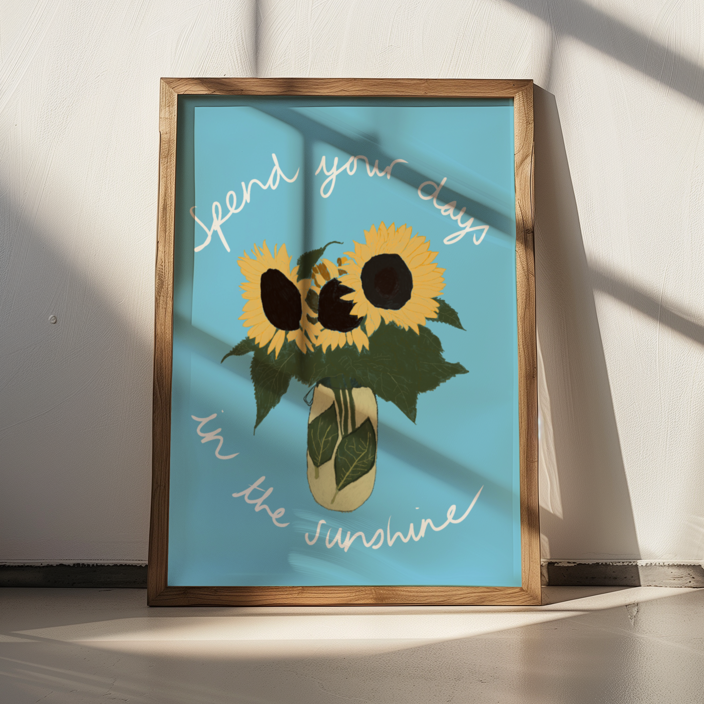 'Spend Your Days In The Sunshine' Art Print – Oasis Inspired Sunflower Wall Decor in Sky Blue & Yellow