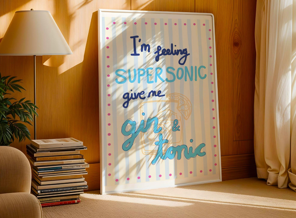 'I'm Feeling Supersonic' Typography Art Print – Oasis Inspired Kitchen & Bar Wall Decor in Blue & Cream