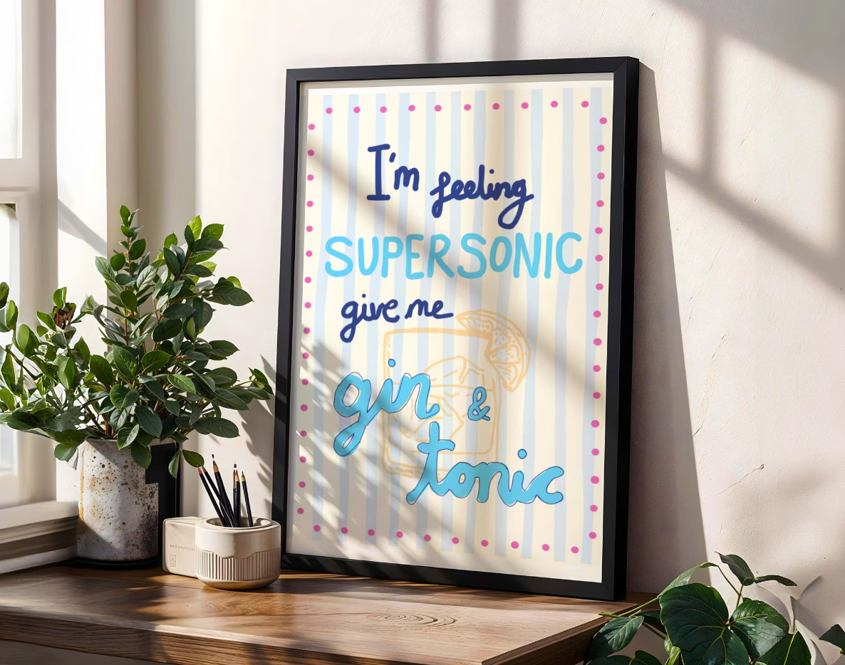 'I'm Feeling Supersonic' Typography Art Print – Oasis Inspired Kitchen & Bar Wall Decor in Blue & Cream